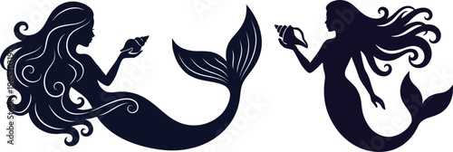 Silhouettes of two mermaids holding seashells with flowing hair