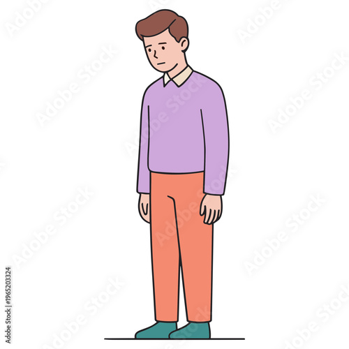 A man wearing purple shirt and orange pants standing alone indoors.