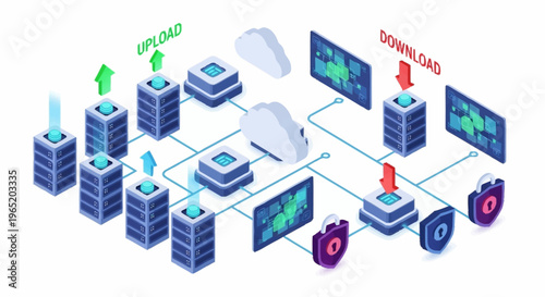 Cloud data transfer and storage network.