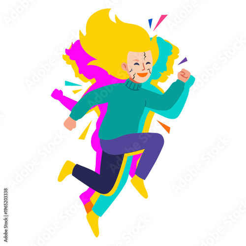 A joyful woman runs energetically outdoors with colorful lines