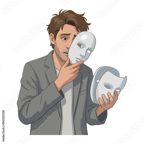 A man holds two white masks in front of his face and examines them carefully.