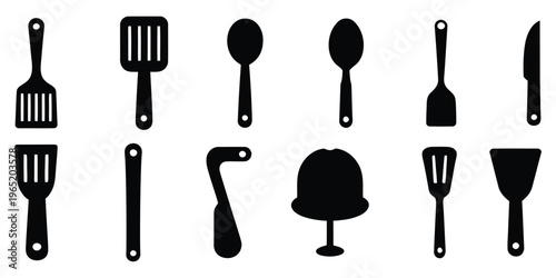 Black silhouettes of various kitchen utensils on white background