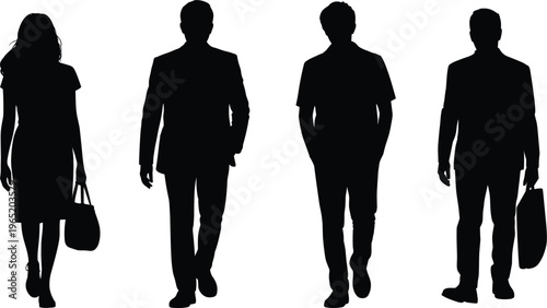 Business people walking silhouettes set, men and woman with bags urban professionals vector illustration isolated