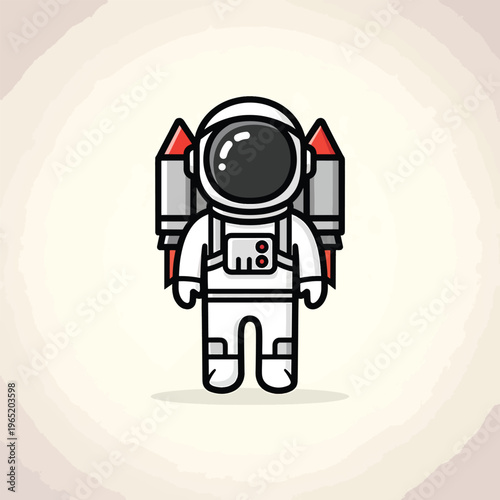 A cartoon-style astronaut with a jetpack stands facing forward against a textured, off-white background. The design has thick black outlines