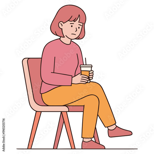 A woman sits on a chair looking sad while holding a drink
