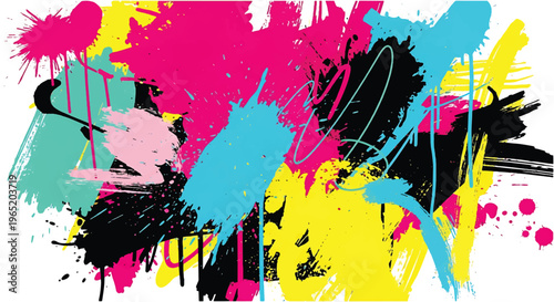 Modern vector illustration of vibrant abstract graffiti background with bold paint splashes and brush strokes, colorful urban street art wallpaper design