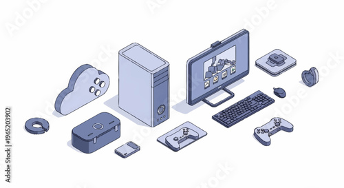 Isometric illustration of computer hardware components.