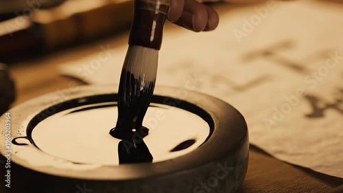 Artistic Ink Immersion: A close-up shot of a traditional calligraphy brush being dipped into a vessel filled with dark ink, preparing for a stroke of creativity and cultural expression.