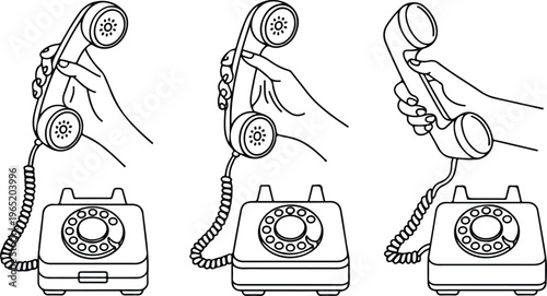 Vintage rotary dial telephone with handset and coiled cord held by hand, classic communication device illustration
