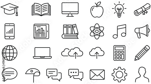 Collection of education and technology icons on white background for learning and business concepts