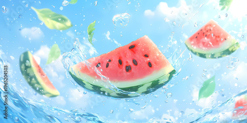 Watermelon Slices in Water Splash