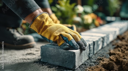 A worker laying paving stones in a house courtyard on a sand foundation