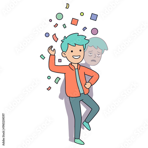 A cheerful man with teal hair playfully dances with floating shapes around him.