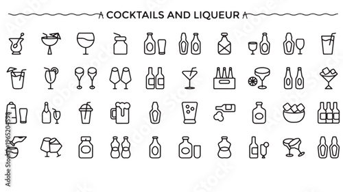 Cocktail Icons Set – Alcoholic Drinks, Bar Glassware, Mixology and Beverage Line Icons