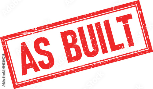 Distressed Red AS BUILT Text Rectangular Rubber Stamp Impression on White