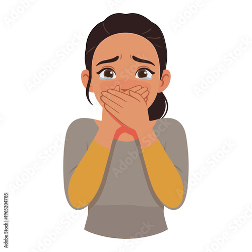 Woman covers her mouth in shock indoors with fear and surprise