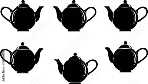 Black Teapot Silhouette Set Isolated on White Background for Tea Party Icons Kitchenware Design Elements and Afternoon Tea Shop Branding
