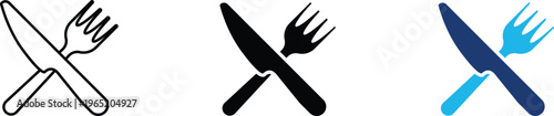 Restaurant icon showing crossed knife and fork for professional dining services. Professional illustration for bistro menus, catering hospitality, culinary school branding, kitchen utensil equipment.