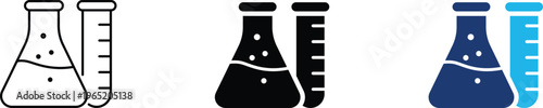 Laboratory science icon showing Erlenmeyer flask and test tube for chemical research and experimentation. Professional illustration for pharmaceutical development, and biotechnology labs.