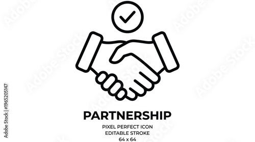 Partnership icon on white background with handshake and checkmark