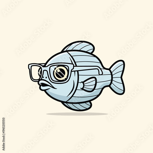 A cartoonish fish, clad in eyeglasses, with an innocent expression. This sea creature is light blue, contrasted by black outlines