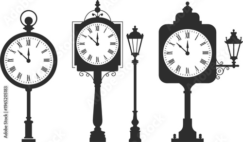 Vintage street clock silhouettes collection, classic urban timepieces with ornate lamp posts retro vector illustration set