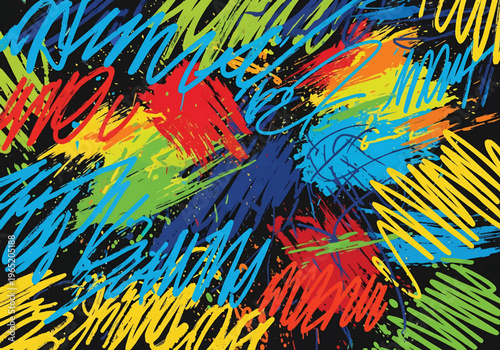 Modern vector illustration of contemporary street art pattern featuring colorful paint strokes, expressive scribbles, and neon accents on a dark background