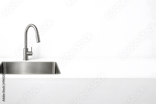 Modern stainless steel kitchen sink faucet minimal white background copy space