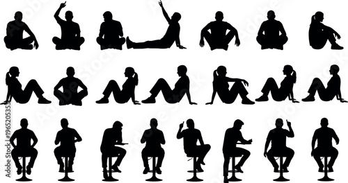 Set of black silhouettes of people in various sitting poses on floor and bar stools, isolated on white background vector.