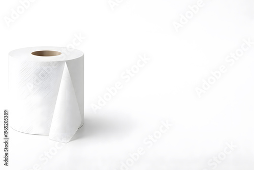 Toilet paper roll white background with large copy space on right, minimal studio lighting, clean commercial banner layout