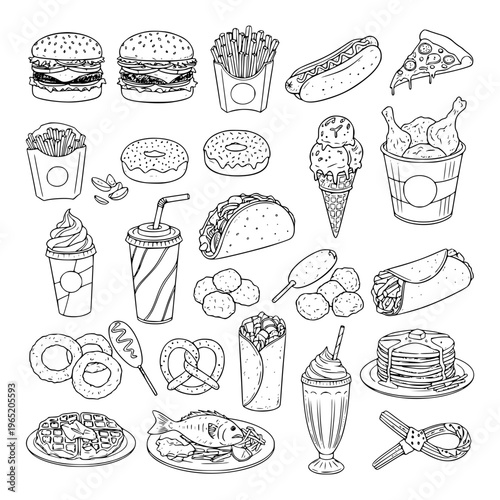 A comprehensive set of fast food icons featuring vector illustrations of pizza, burgers, and bakery snacks in a colorful cartoon doodle style