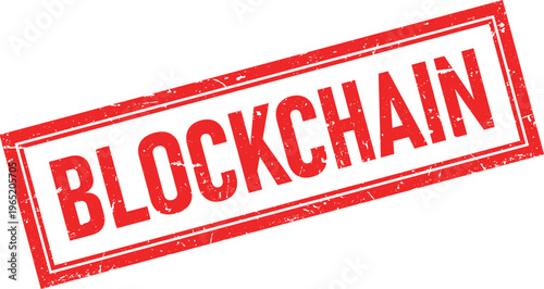 Distressed Red BLOCKCHAIN Text Rubber Stamp Impression on White Background. Isolated