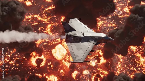 Aerial Combat Amidst Explosions: A sleek fighter aircraft soars through a chaotic sky filled with fireballs and smoke, depicting a scene of intense aerial warfare.