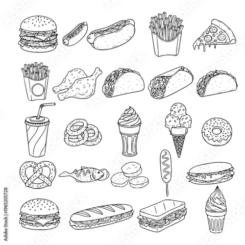 A hand drawn doodle illustration set of vintage fast food icons featuring a seamless pattern of pizza, burger, and bakery snacks like bread and croissants