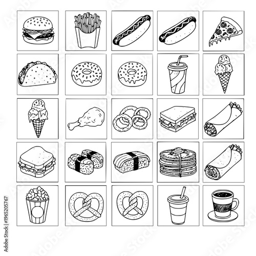 A vintage set of hand-drawn food icons featuring doodle sketches of bakery bread, pizza, meat, and breakfast snacks in a cartoon vector illustration