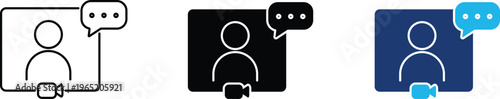 Video conference icon showing professional virtual meeting interface with speech bubble and camera. Professional illustration for remote work communication, and online webinars.