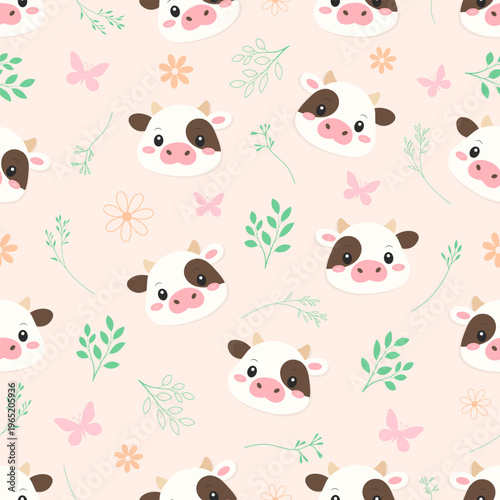 Seamless Cute Cow Pattern with Flowers Leaves and Cartoon Animal Faces
