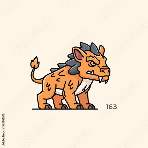 A cartoonish, angry orange creature with dark gray mane, white belly and prominent fangs. It stands on four legs, facing left. Number 163 appears at the bottom