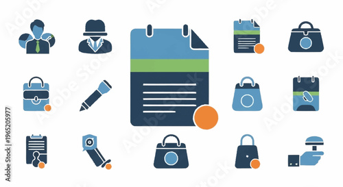 Collection of office supply icons and travel accessories.
