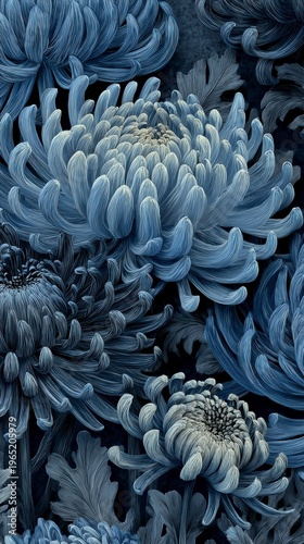 青色の菊の花、波打つ花弁と抽象的な背景画像