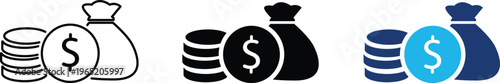 Money icon showing dollar coins and cash bag for professional financial services. Professional illustration for investment banking, wealth management, savings accounts, and currency exchange.