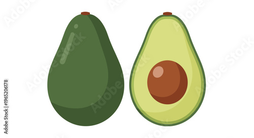 Avocado fruit whole and halved.