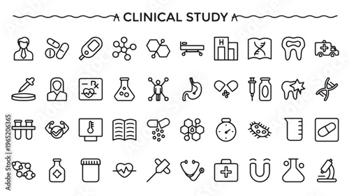 Medical Research Icons Set – Clinical Study, Healthcare, Laboratory and Science Line Icons