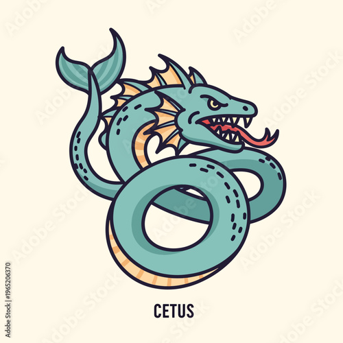 A cartoon sea monster in teal and beige, with an open mouth and protruding tongue, and jagged fins