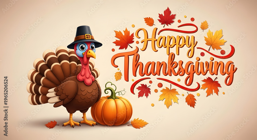 Naklejka premium Happy thanksgiving cartoon turkey with pumpkin and leaves