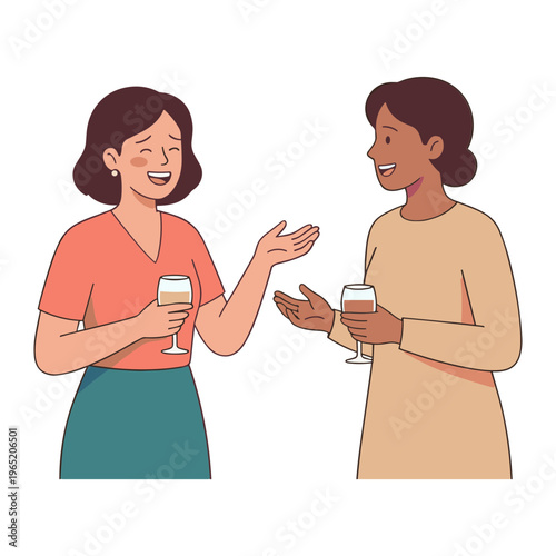 Two women talking and smiling while holding glasses of milk together indoors