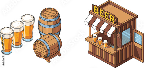 Beer glasses barrels and kiosk set, brewery pub drink collection illustration, alcohol beverage concept design, wooden bar stand