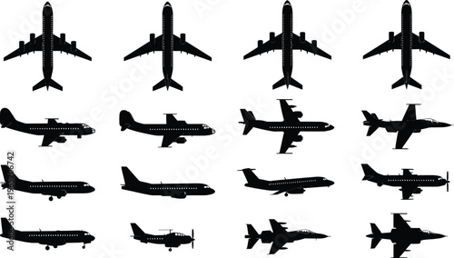 Airplane silhouette collection various aircraft types, aviation transport set vector illustration, military and passenger planes, isolated black design