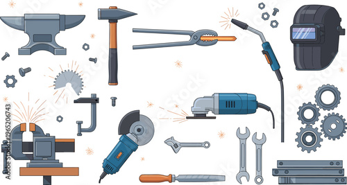 Professional Metalworking and Welding Tools Vector Set Featuring Angle Grinder Welding Mask Anvil Vise and Workshop Equipment for Industrial and Craft Designs