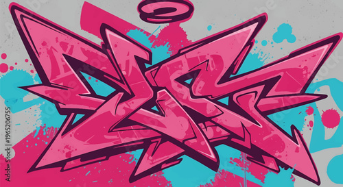Modern vector illustration of urban graffiti art with angular brush strokes and layered paint splatter textures in vibrant fuchsia and cyan tones